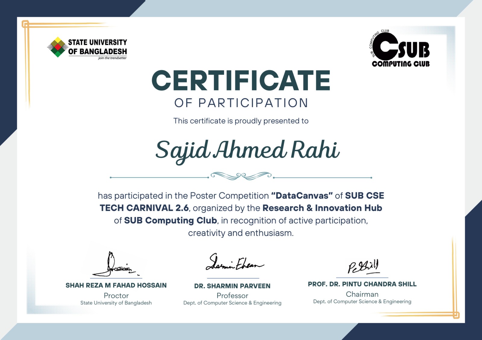 SUB CSE Tech Carnival 2.6 poster competition certificate